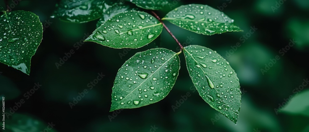Fototapeta premium A tight shot of a verdant leaf, dotted with dainty water droplets, against a softly blurred backdrop of additional leaves and their accompanying beads of water