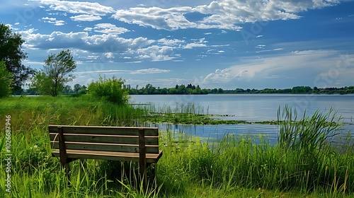 A beautiful lakeshore bench amid a grassy grassland