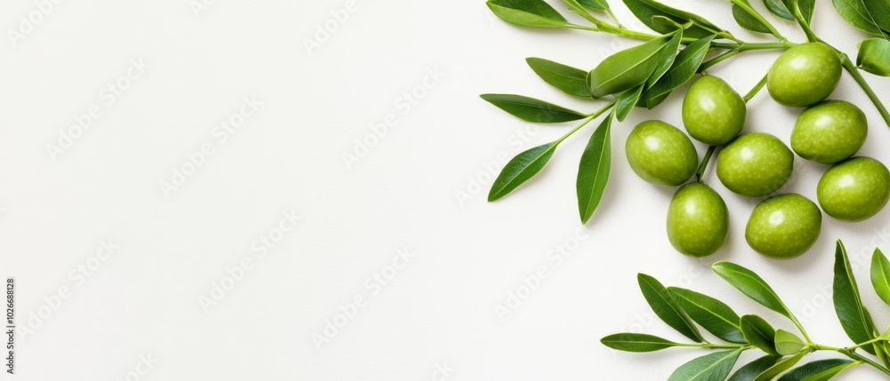 A crisp white background showcases a vibrant arrangement of green olives, each garnished with its leaf A crisp white background showcases a vibrant arrangement of green olives, each garnished with its leaf
