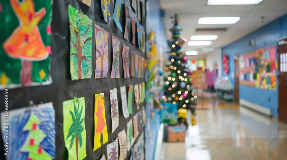 Colorful Elementary School Art Display in Hallway with Christmas Decor during Holiday Season Colorful Elementary School Art Display in Hallway with Christmas Decor during Holiday Season
