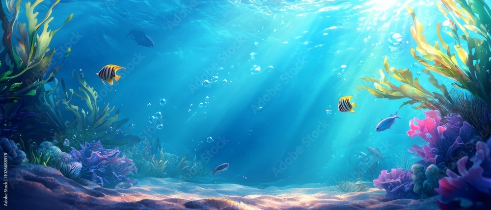 Fototapeta premium sunlit waters teem with swimming fish and vibrant coral formations beneath