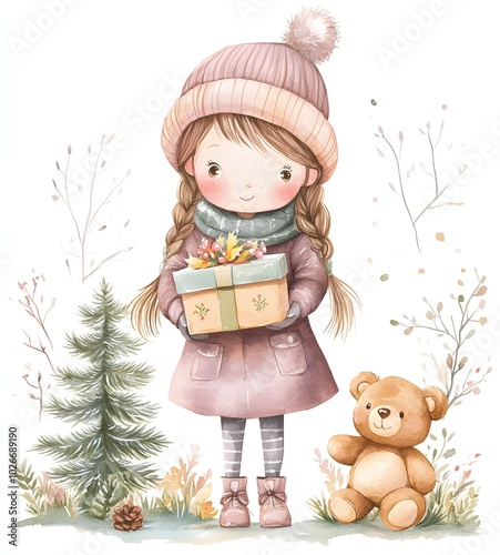 Cute watercolor christmas girl clipart