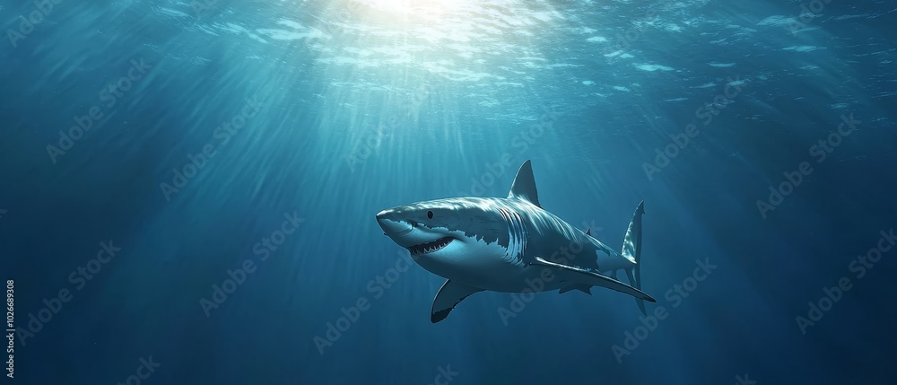 Fototapeta premium A great white shark swims beneath the water's surface in a blue ocean, sunlight filtering through