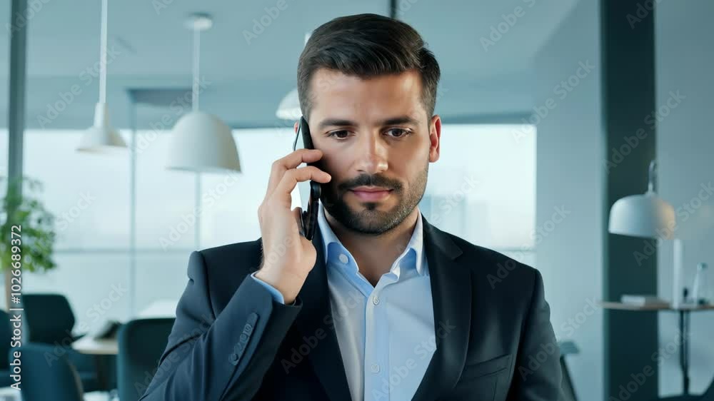 Serious businessman making a phone call in a corporate office, focused on a professional conversation. video Serious businessman making a phone call in a corporate office, focused on a professional conversation. video