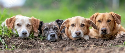  Three dogs rest atop a mound of dirt, adjacent to a field