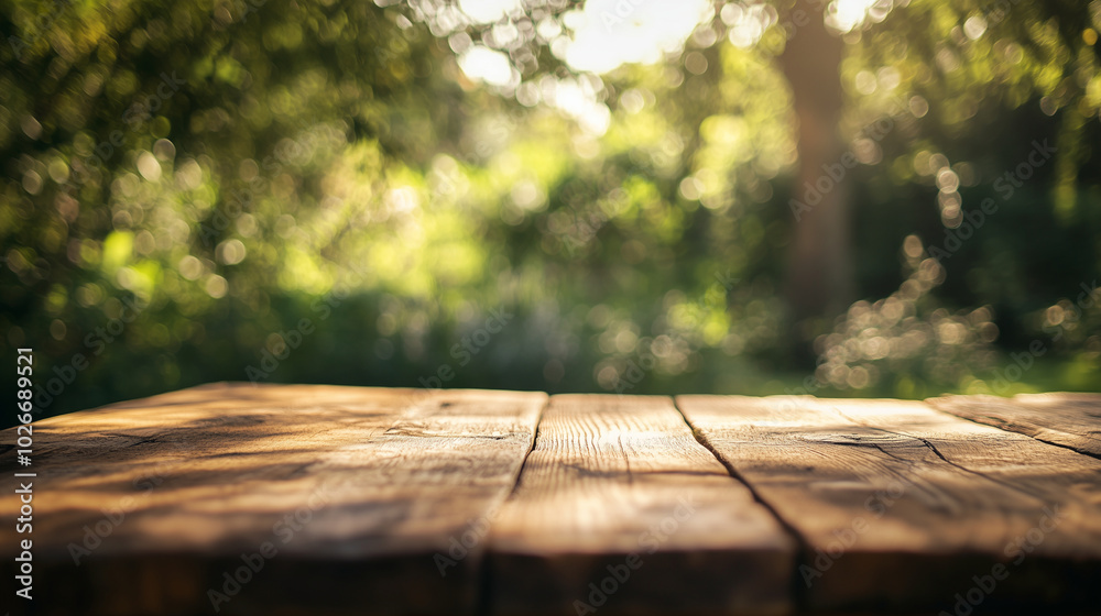 Rustic Wooden Table with Greenery Bokeh Background for Outdoor Product Display Rustic Wooden Table with Greenery Bokeh Background for Outdoor Product Display
