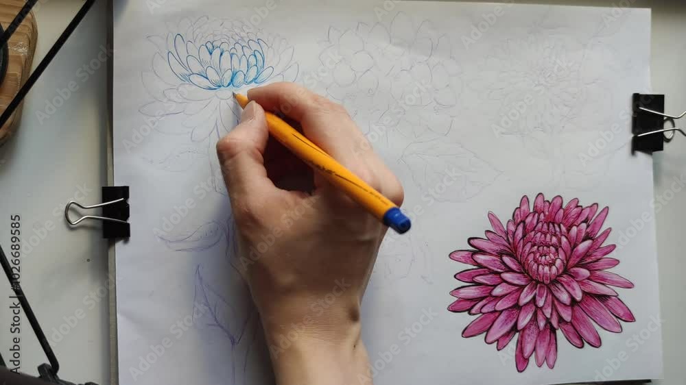 Flat Lay Close up Artist drawing process top view Watercolor drawing blue chrysanthemum hand drawn illustration clip art decoration marker artwork on paper Branch bouquet video doodle flower sketch