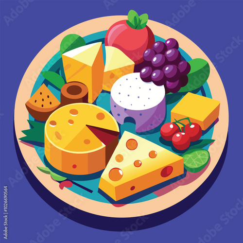 A Cheese Illustration with cute eyes, cheese tower, wedge, melting edges, riding a skateboard