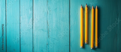  A collection of yellow pencils aligned together on a blue wooden desk, accompanied by two additional yellow pencils