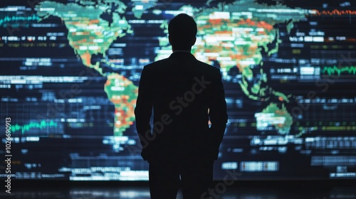 A businessman standing in front of a large screen displaying global market data, making critical investment decisions.