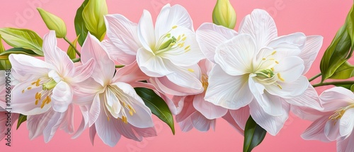  A painting of white and pink flowers against a pink background; a green stem with leafy foliage in the foreground