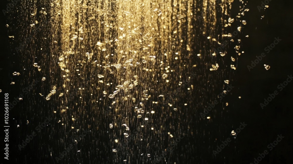 A cascade of light particles in shades of silver and gold, falling over a deep black background. A cascade of light particles in shades of silver and gold, falling over a deep black background.
