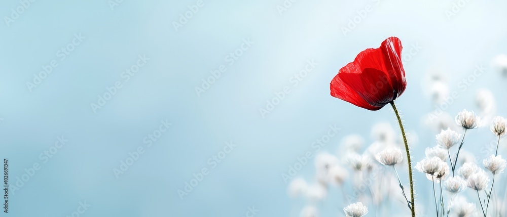 Obraz premium A solitary red bloom atop a sea of tall white flowers against a backdrop of blue sky
