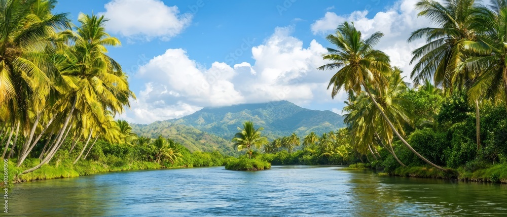 Surrounded by palm trees, a body of water lies before a distant mountain range, dotted with clouds in the sky Surrounded by palm trees, a body of water lies before a distant mountain range, dotted with clouds in the sky