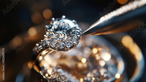 A close-up of a diamond ring being polished by a jeweler, capturing its intricate details.