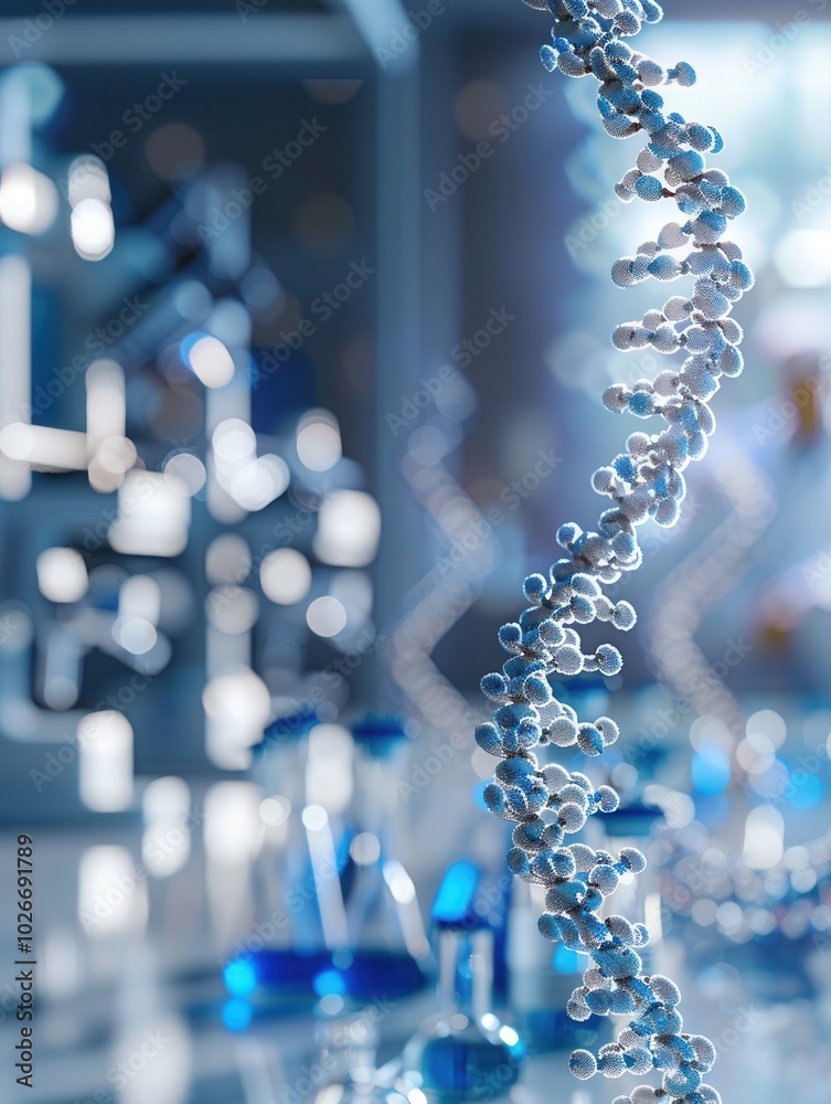 A close view of a DNA double helix shows intricate details while laboratory tools create a blurred backdrop enhancing the scientific atmosphere. Generative AI A close view of a DNA double helix shows intricate details while laboratory tools create a blurred backdrop enhancing the scientific atmosphere. Generative AI