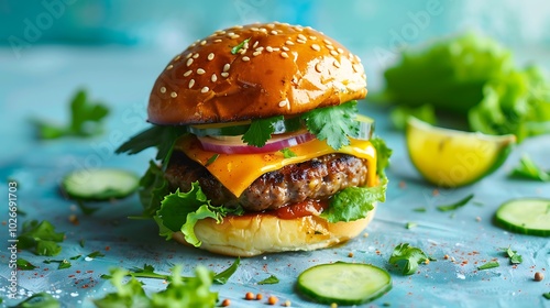 A blue backdrop features a cheeseburger accompanied by sausage slaw enjoy and cucumbers