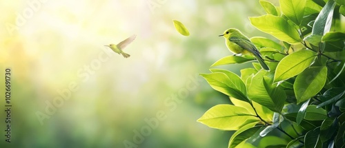  A small bird flies above a lush, green tree against a sunny backdrop with a bright sun in the background photo