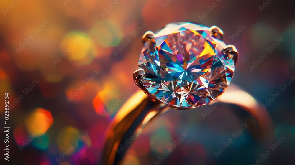 A close-up of a sparkling diamond ring, reflecting light in a beautiful spectrum of colors.