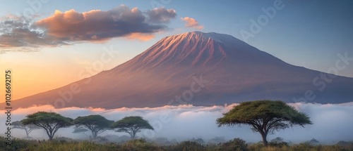  A distant mountain, adorned with trees, frames a scene of trees in the nearforest and clouds in the foreground photo