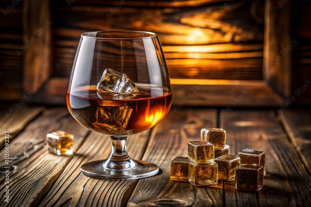 Panoramic View of a Glass of Cognac or Whiskey on a Rustic Wooden Table with Ambient Lighting and Reflections Panoramic View of a Glass of Cognac or Whiskey on a Rustic Wooden Table with Ambient Lighting and Reflections