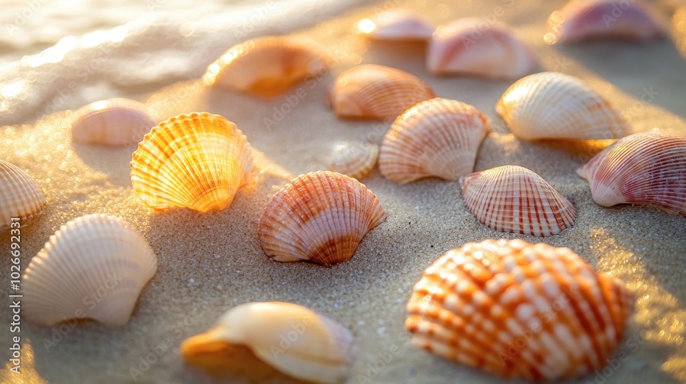 A close-up of colorful seashells scattered on the sand, illuminated by soft sunlight. A close-up of colorful seashells scattered on the sand, illuminated by soft sunlight.