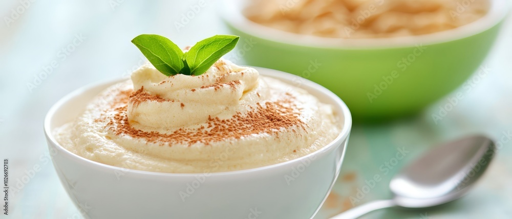 A tight shot of a bowl filled with food, featuring a spoon resting next to it In the background, another bowl holds cereal A tight shot of a bowl filled with food, featuring a spoon resting next to it In the background, another bowl holds cereal