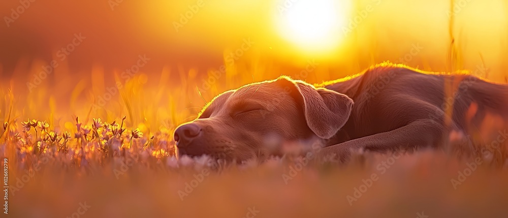 Naklejka premium A tight shot of a dog resting in a verdant field as the sun sets in the distance