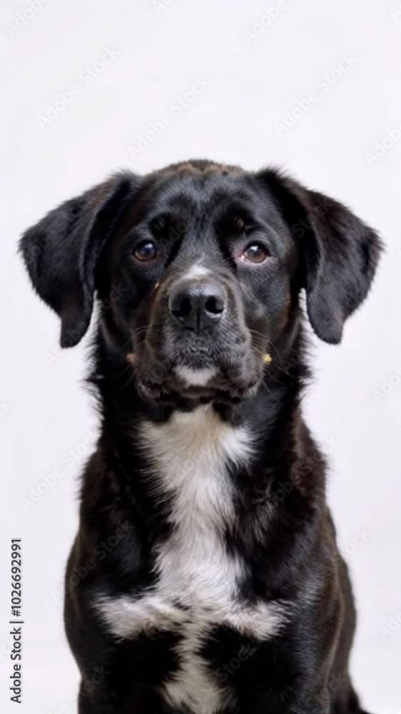 Portrait of a black and white dog sitting against a plain background. Portrait of a black and white dog sitting against a plain background.