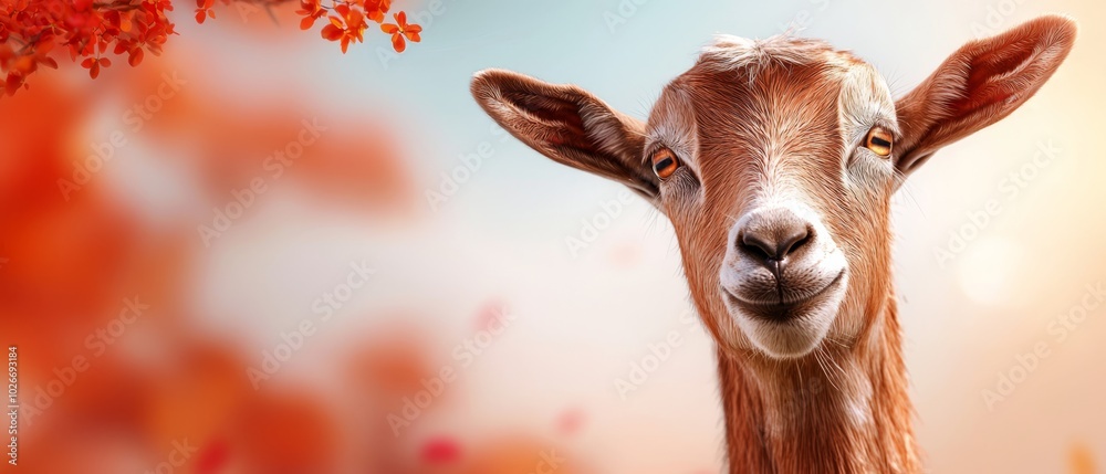 Naklejka premium A tight shot of a goat's head, gazing at the viewer, surrounded by tree foliage in the background, and leaves in the foreground