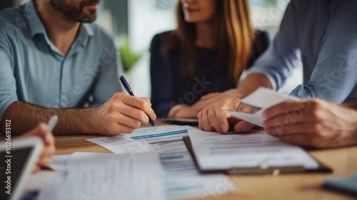 A couple discussing home loan options with a financial advisor, looking at mortgage documents.