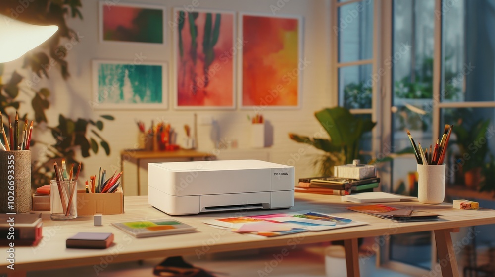 A creative workspace with a compact photo printer producing high-quality prints, surrounded by art supplies. A creative workspace with a compact photo printer producing high-quality prints, surrounded by art supplies.