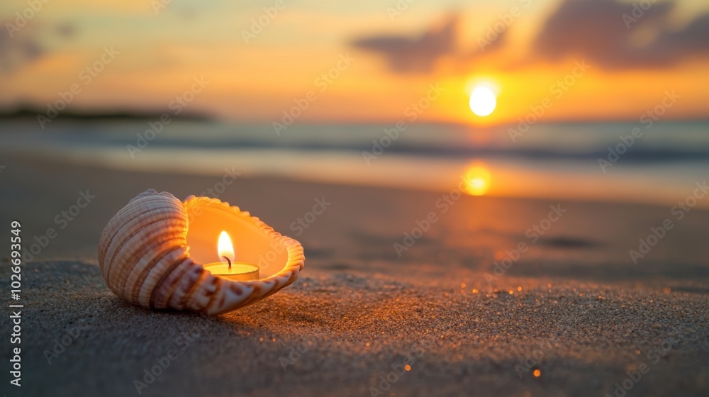 Obraz premium A decorative seashell placed next to a lit candle on a sandy beach at sunset.