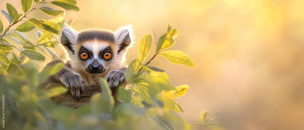 Fototapeta premium A small, brown-and-white animal sits atop a verdant tree, adorned with numerous leafy branches