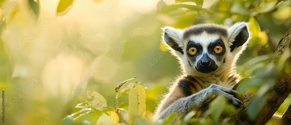 Naklejka premium A tight shot of a lemur in a tree, gazing at something with an expression of surprise