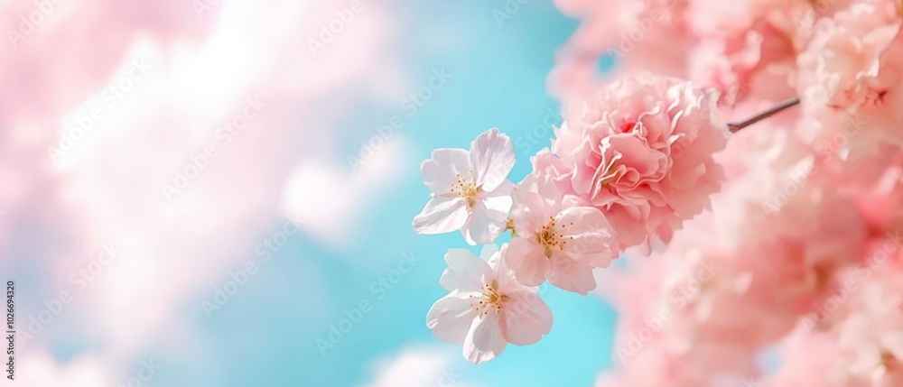Fototapeta premium A tight shot of pink blooms on a tree branch against a backdrop of a blue sky, dotted with clouds