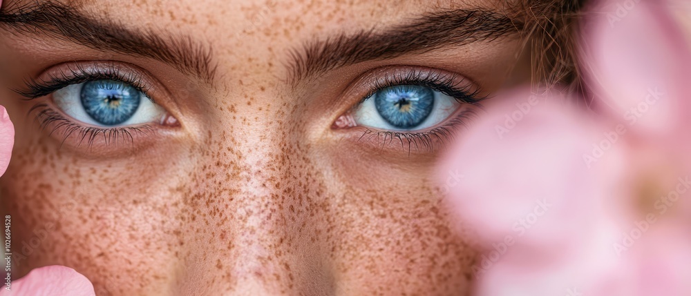 A tight shot of a woman's azure eyes, adorned with freckles dotting her face A tight shot of a woman's azure eyes, adorned with freckles dotting her face