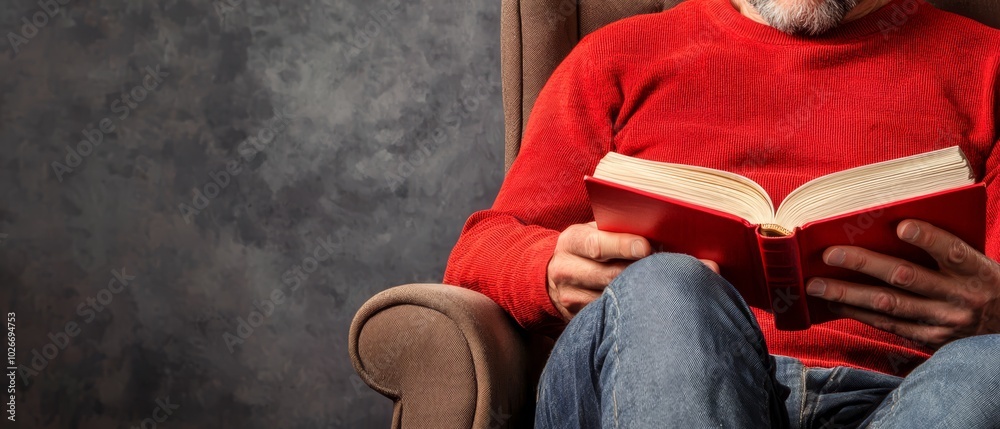A man in a red sweater sits in a chair, holding a book A man in a red sweater sits in a chair, holding a book