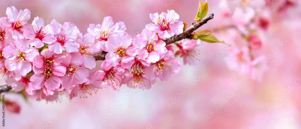 A branch of a tree with pink blooms in sharp focus, background softly blurred A branch of a tree with pink blooms in sharp focus, background softly blurred
