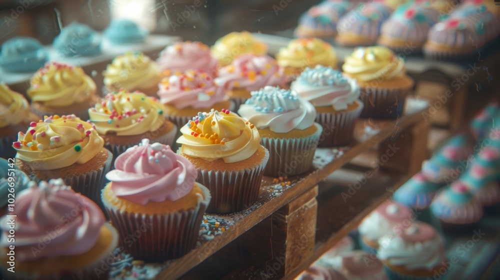 Colorful cupcakes lined up on wooden display, topped with creamy frosting and sprinkles, a treat for all dessert lovers. Colorful cupcakes lined up on wooden display, topped with creamy frosting and sprinkles, a treat for all dessert lovers.