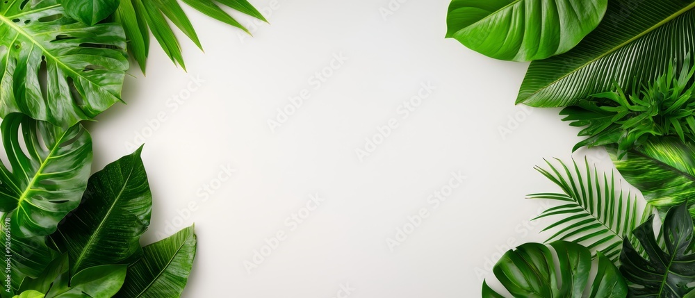 A pristine white backdrop hosts an array of vibrant green leaves, leaving ample space for text inscription in the image's heart A pristine white backdrop hosts an array of vibrant green leaves, leaving ample space for text inscription in the image's heart