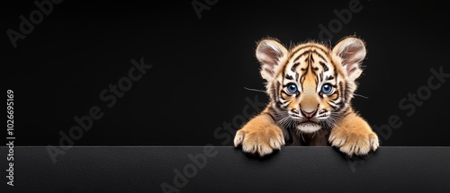  A young tiger cub gazes over a dark surface, paws poised at the edge