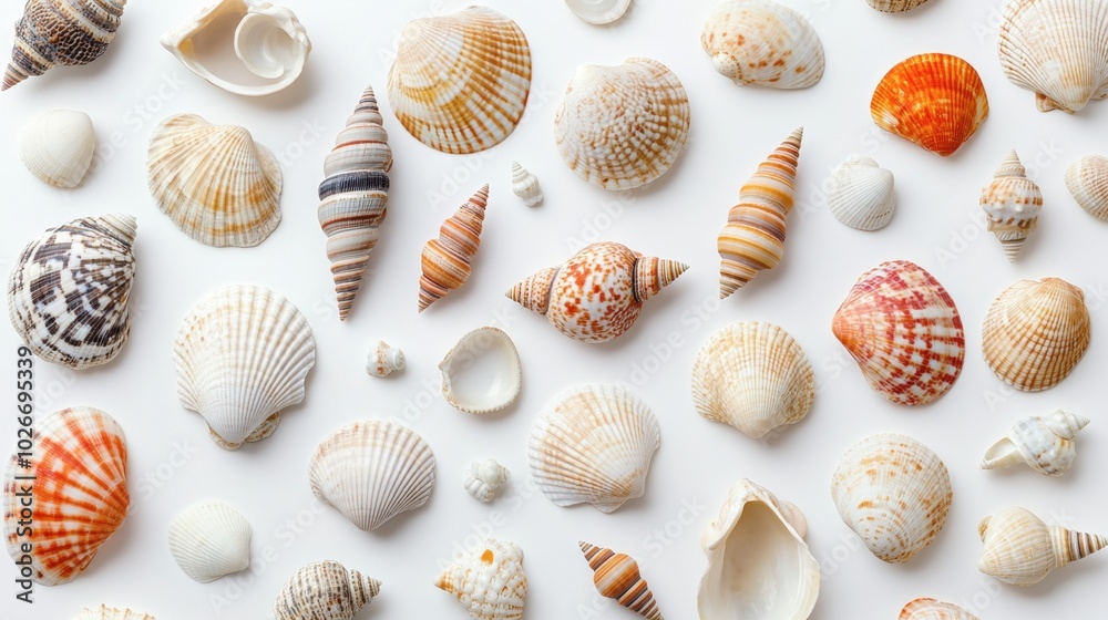 A flat-lay of various seashells arranged in a pattern on a white background. A flat-lay of various seashells arranged in a pattern on a white background.