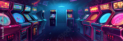 Retro Arcade Background: A nostalgic arcade background featuring classic video game art, adapted for a unique stage setting. photo