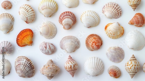 A flat-lay of various seashells arranged in a pattern on a white background.