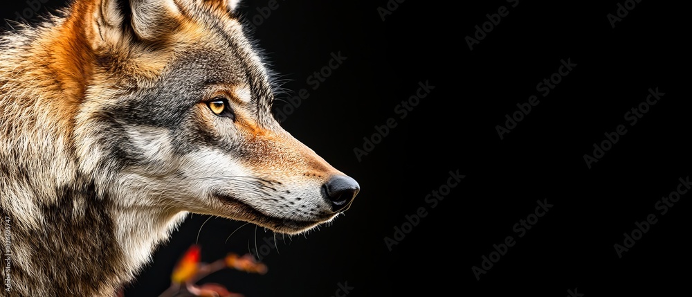 Fototapeta premium A tight shot of a wolf's face against a black backdrop In the foreground, a red bush is distinctly visible