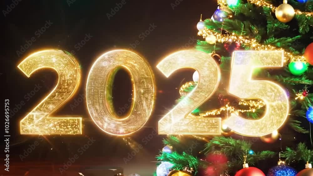 Bright and sparkly 2025 numerals with festive tree in the background. Bright and sparkly 2025 numerals with festive tree in the background.