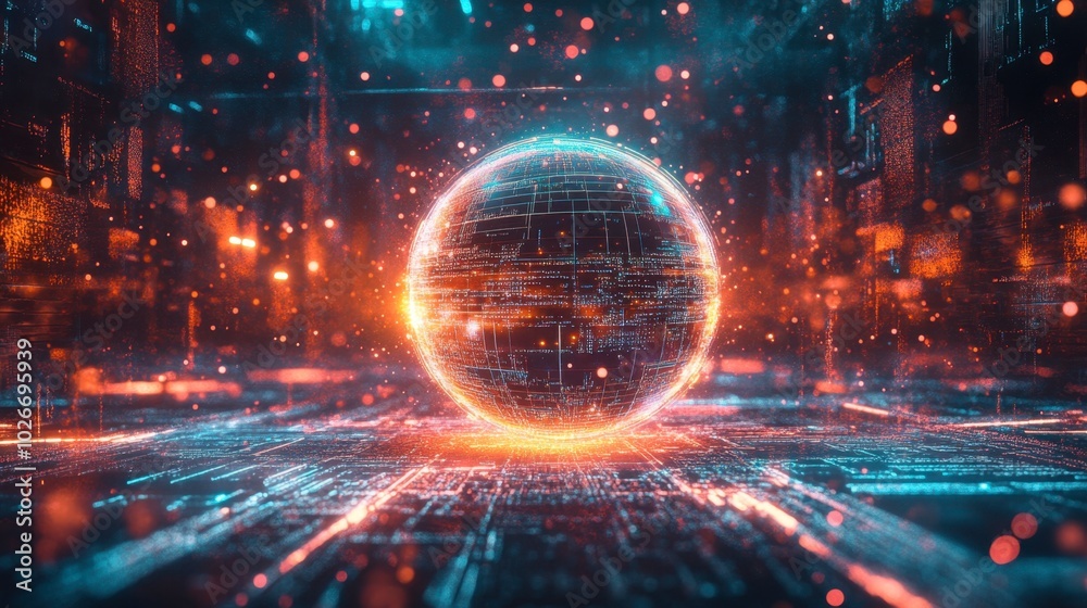 Fototapeta premium A glowing digital sphere surrounded by particles, symbolizing data and global communication.