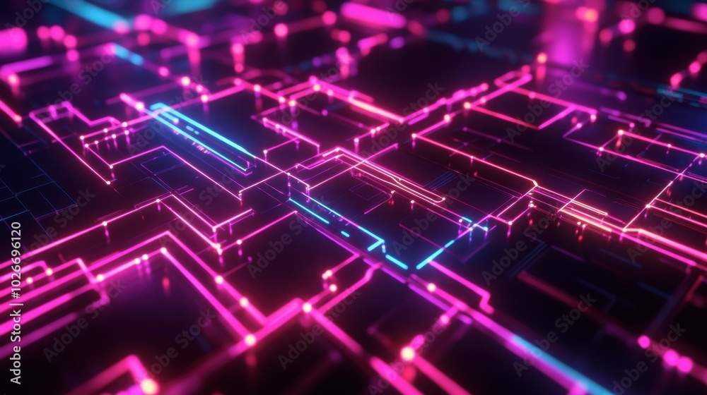 Obraz premium A glowing network of geometric shapes connected by thin neon lines, symbolizing data flow.