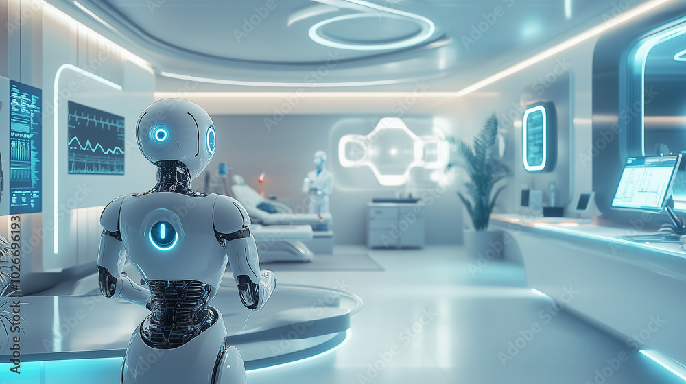 An AI-powered healthcare center where robots perform surgeries while doctors monitor on advanced holographic screens. An AI-powered healthcare center where robots perform surgeries while doctors monitor on advanced holographic screens.